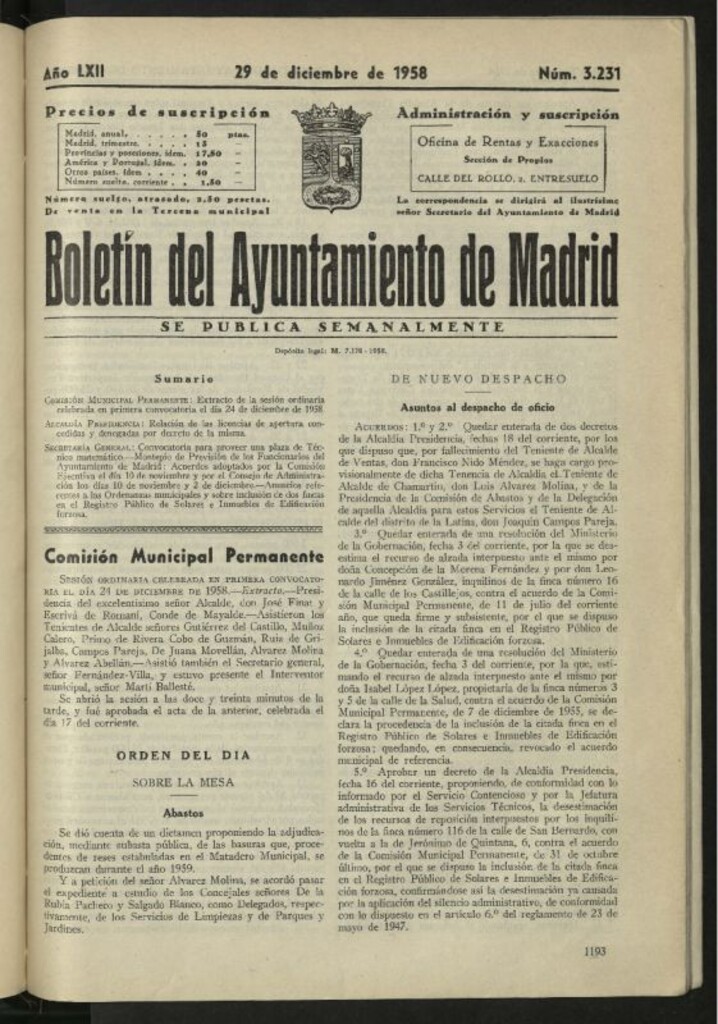 Miniatura de Boletín oficial del Ayuntamiento del 29 de diciembre de 1958, nº 3231