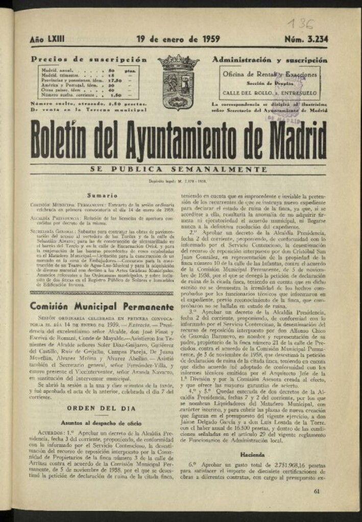 Miniatura de Boletín oficial del Ayuntamiento del 19 de enero de 1959, nº 3234