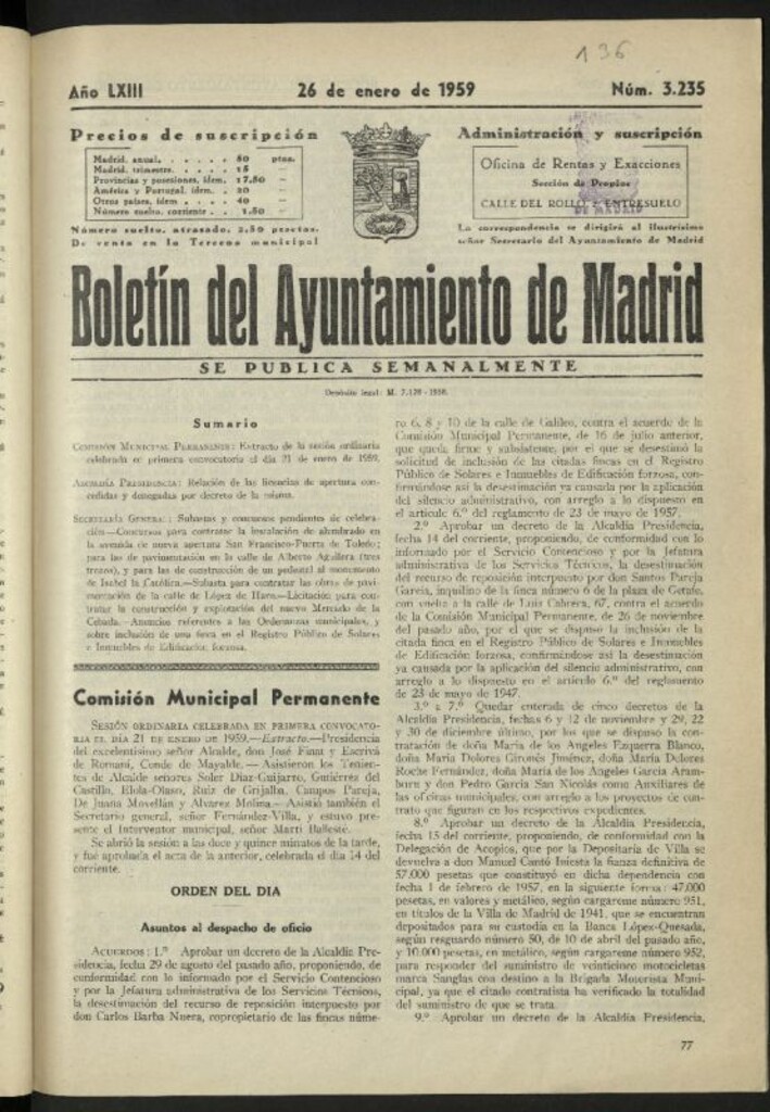 Miniatura de Boletín oficial del Ayuntamiento del 26 de enero de 1959, nº 3235