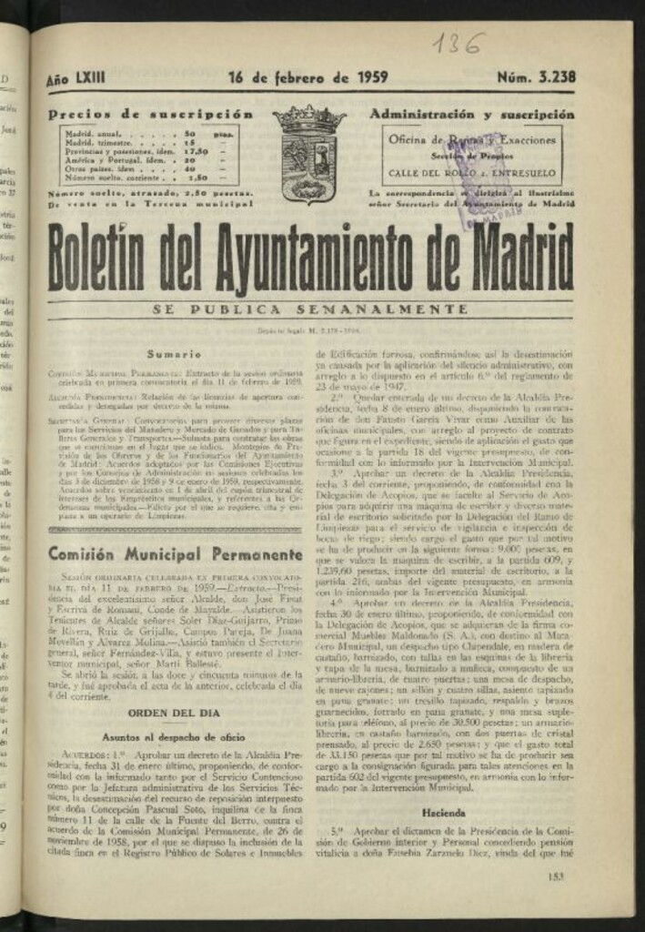Miniatura de Boletín oficial del Ayuntamiento del 16 de febrero de 1959, nº 3238