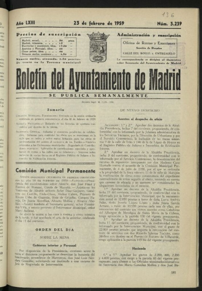 Miniatura de Boletín oficial del Ayuntamiento del 23 de febrero de 1959, nº 3239
