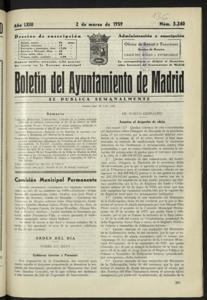 Miniatura de Boletín oficial del Ayuntamiento del 2 de marzo de 1959, nº 3240