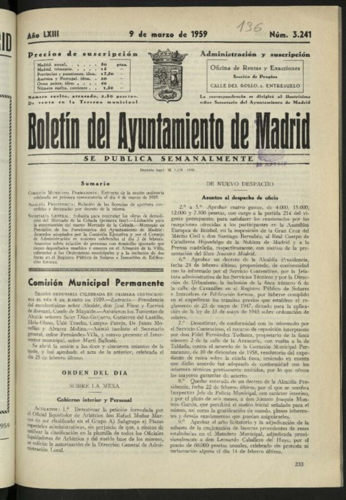 Miniatura de Boletín oficial del Ayuntamiento del 9 de marzo de 1959, nº 3241