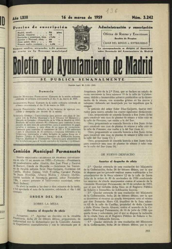 Miniatura de Boletín oficial del Ayuntamiento del 16 de marzo de 1959, nº 3242