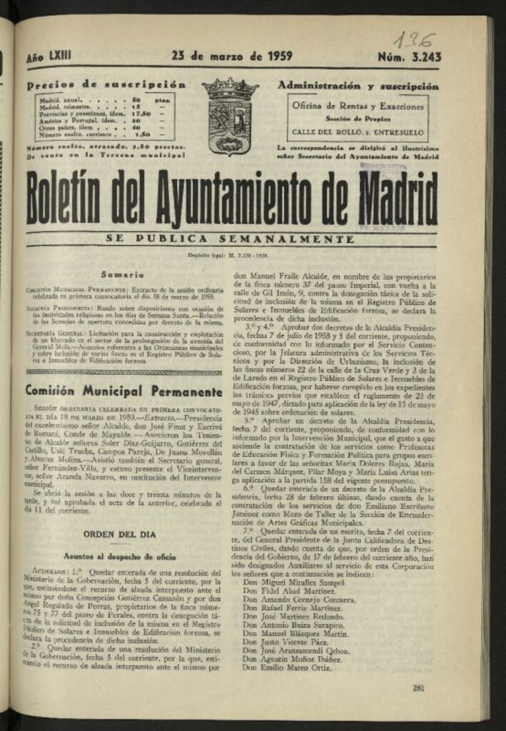 Miniatura de Boletín oficial del Ayuntamiento del 23 de marzo de 1959, nº 3243