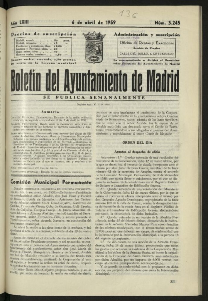 Miniatura de Boletín oficial del Ayuntamiento del 6 de abril de 1959, nº 3245