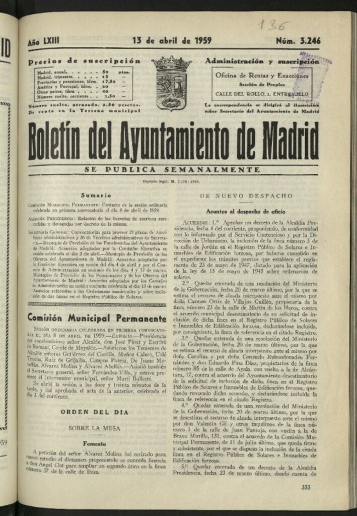 Miniatura de Boletín oficial del Ayuntamiento del 13 de abril de 1959, nº 3246