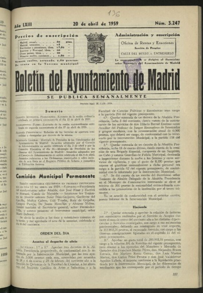 Miniatura de Boletín oficial del Ayuntamiento del 20 de abril de 1959, nº 3247
