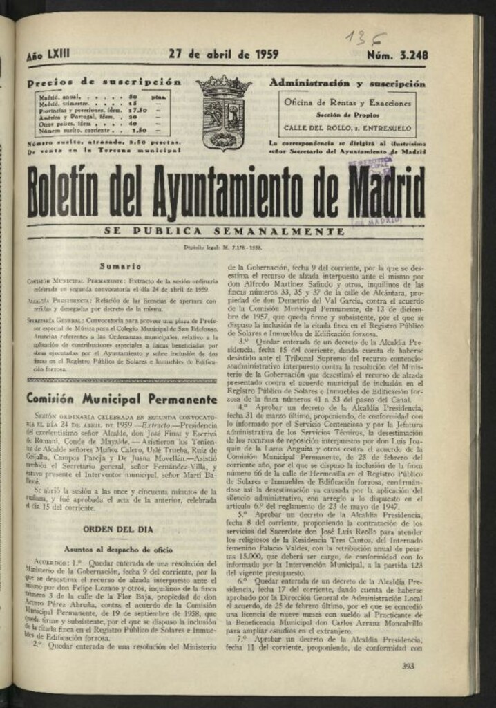 Miniatura de Boletín oficial del Ayuntamiento del 27 de abril de 1959, nº 3248