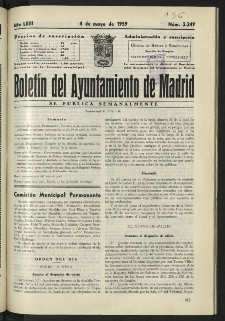 Miniatura de Boletín oficial del Ayuntamiento del 4 de mayo de 1959, nº 3249