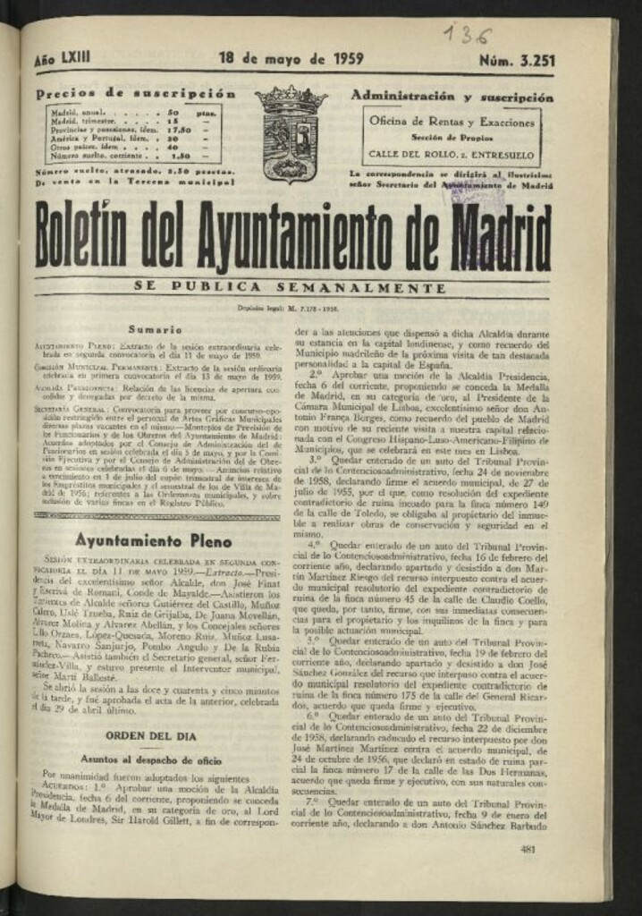 Miniatura de Boletín oficial del Ayuntamiento del 18 de mayo de 1959, nº 3251