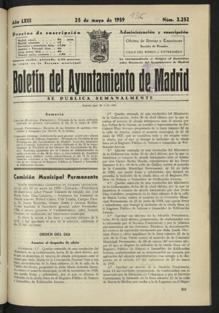 Miniatura de Boletín oficial del Ayuntamiento del 25 de mayo de 1959, nº 3252