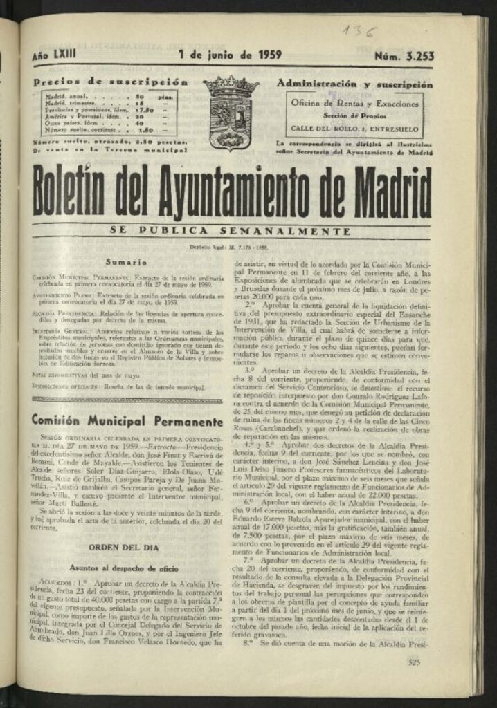Miniatura de Boletín oficial del Ayuntamiento del 1 de junio de 1959, nº 3253
