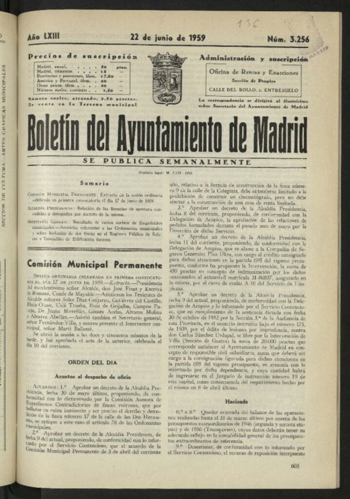 Miniatura de Boletín oficial del Ayuntamiento del 22 de junio de 1959, nº 3256