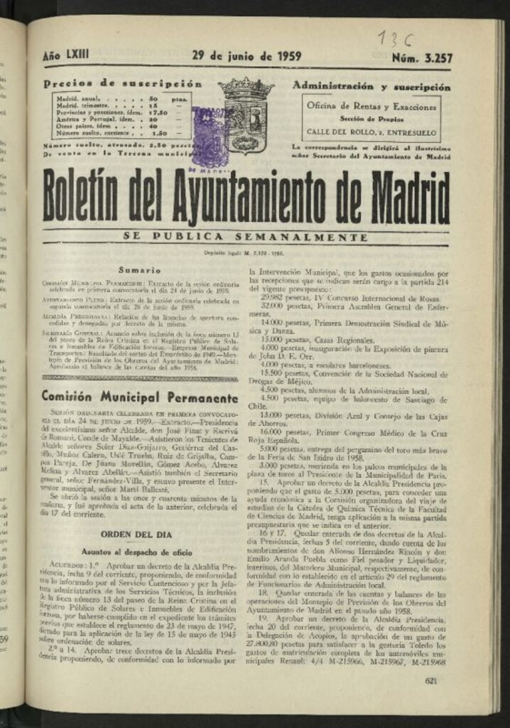 Miniatura de Boletín oficial del Ayuntamiento del 29 de junio de 1959, nº 3257