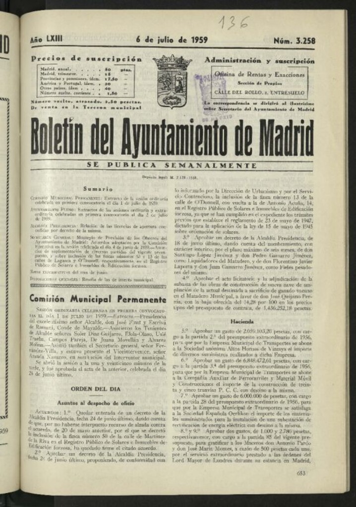 Miniatura de Boletín oficial del Ayuntamiento del 6 de julio de 1959, nº 3258
