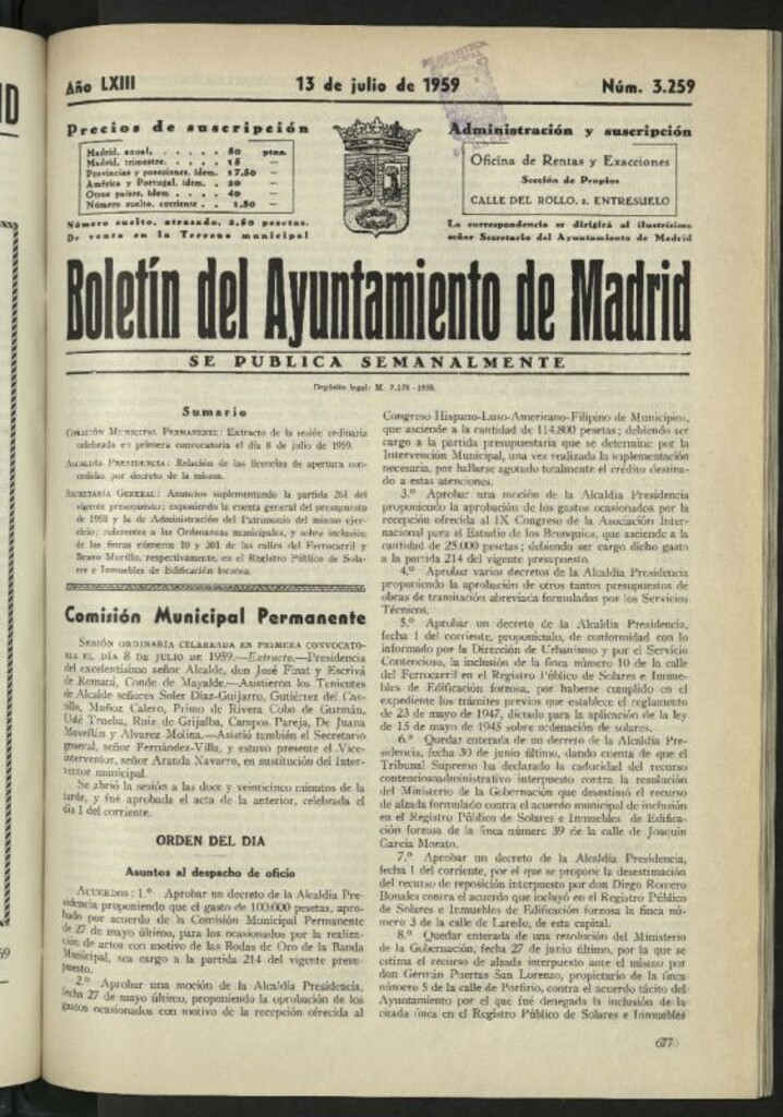 Miniatura de Boletín oficial del Ayuntamiento del 13 de julio de 1959, nº 3259