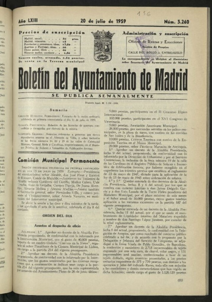 Miniatura de Boletín oficial del Ayuntamiento del 20 de julio de 1959, nº 3260