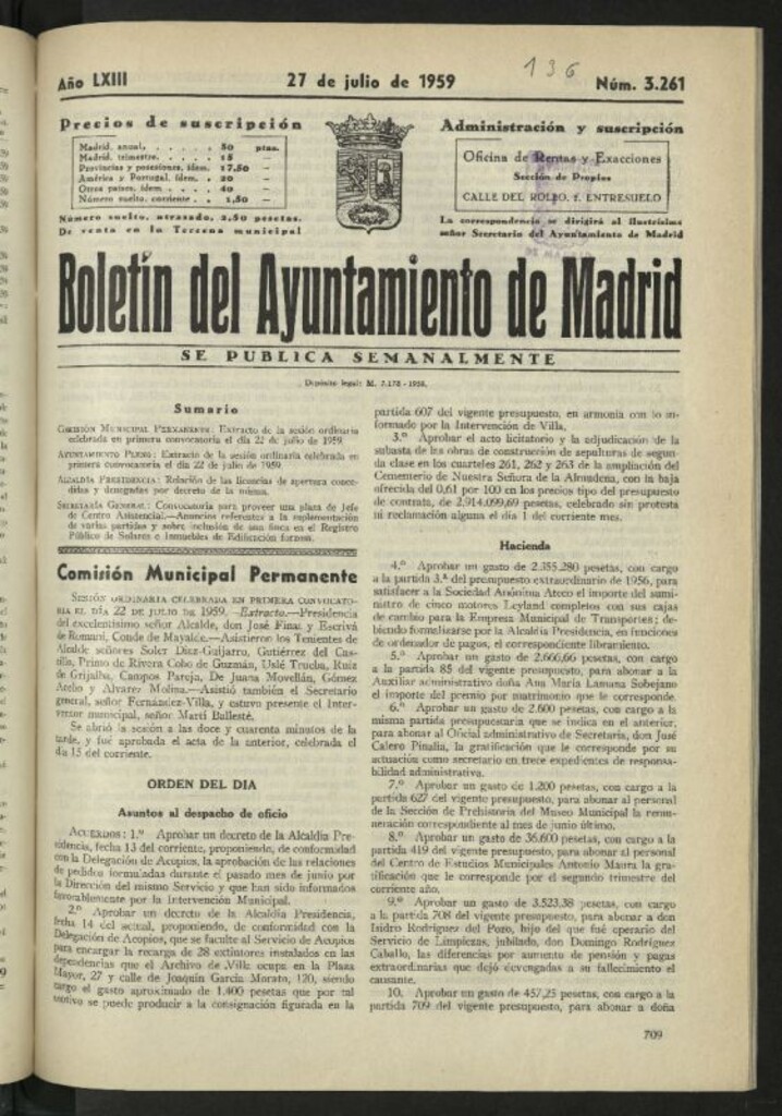 Miniatura de Boletín oficial del Ayuntamiento del 27 de julio de 1959, nº 3261