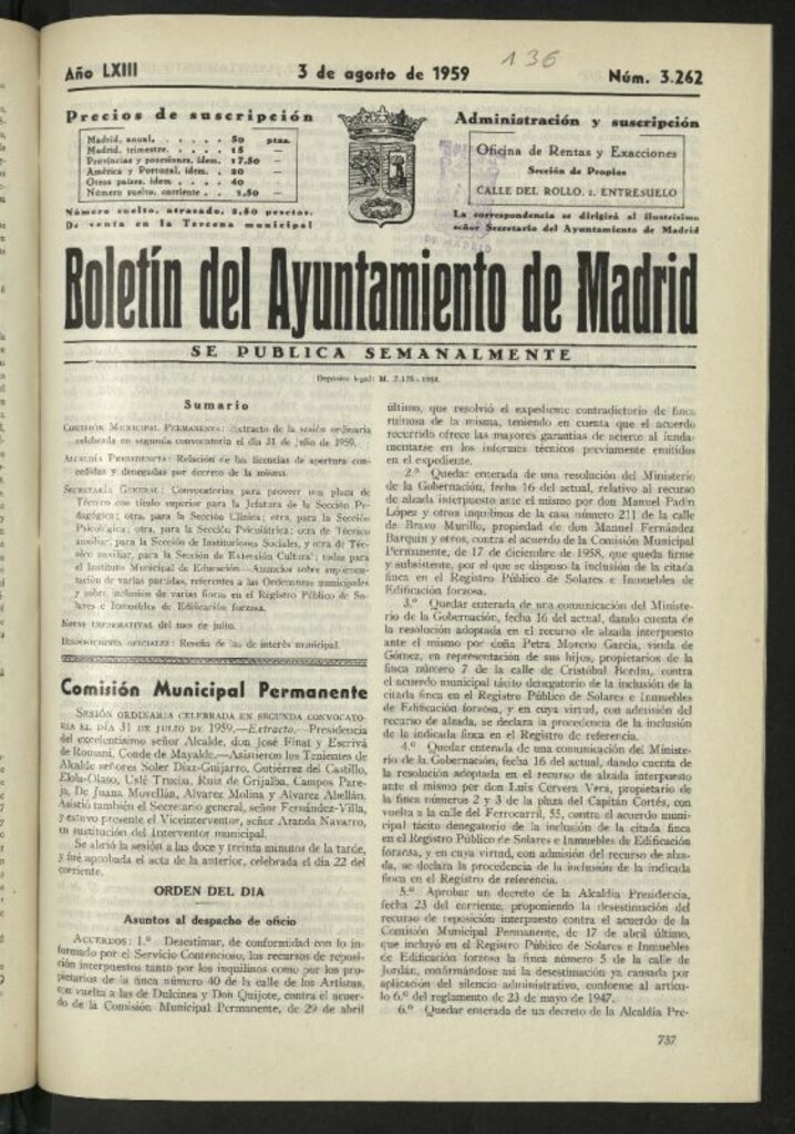 Miniatura de Boletín oficial del Ayuntamiento del 3 de agosto de 1959, nº 3262