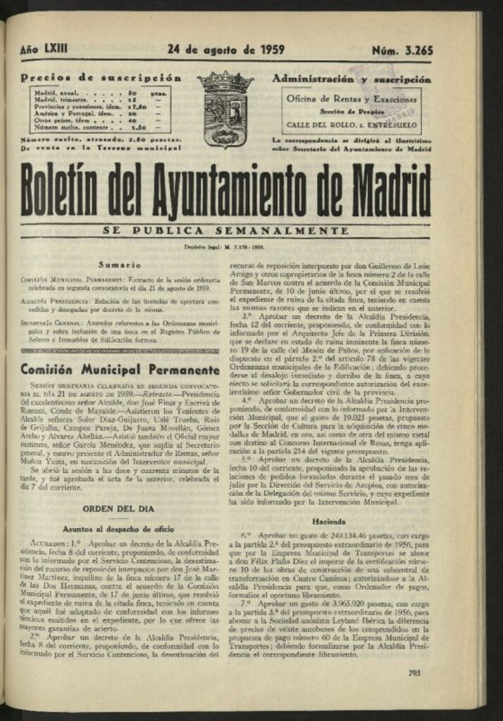 Miniatura de Boletín oficial del Ayuntamiento del 24 de agosto de 1959, nº 3265