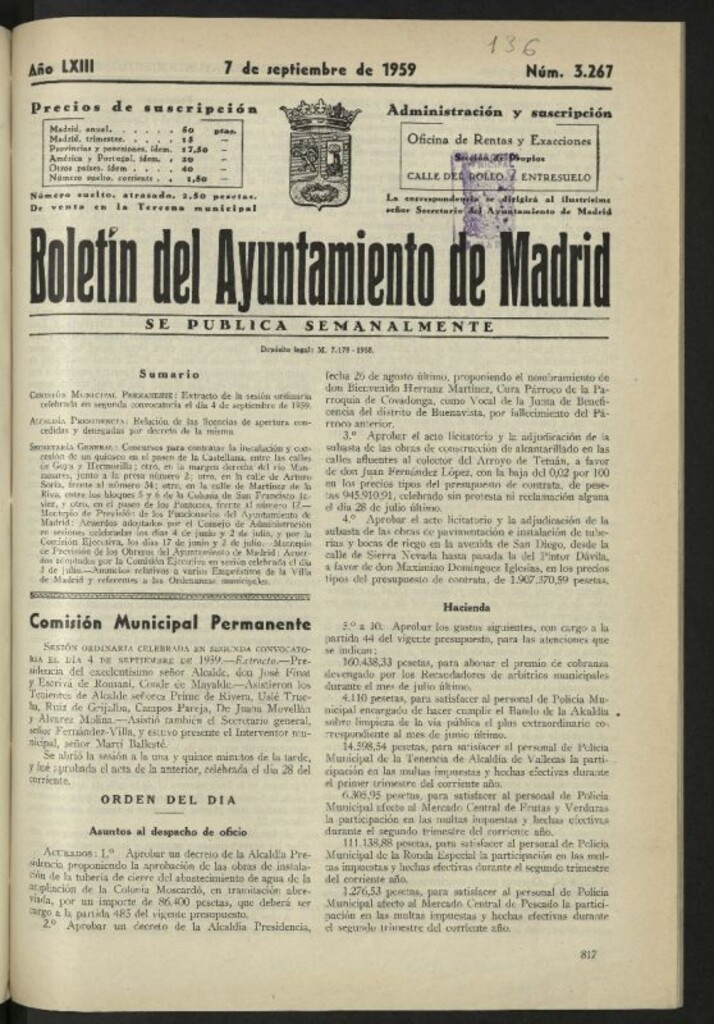 Miniatura de Boletín oficial del Ayuntamiento del 7 de septiembre de 1959, nº 3267