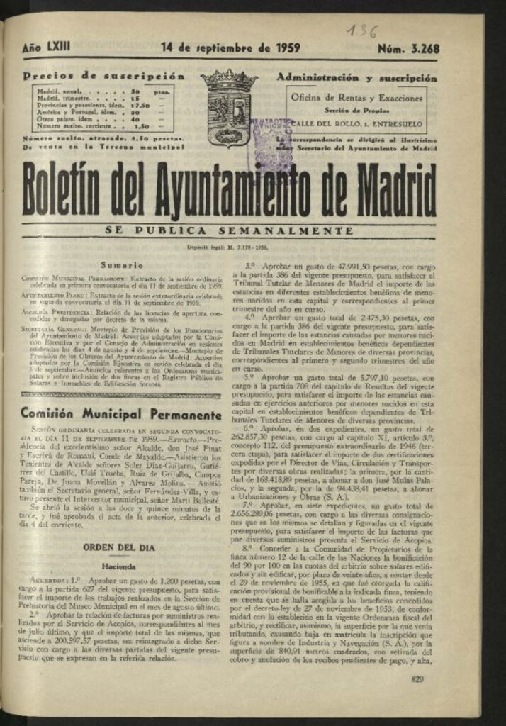 Miniatura de Boletín oficial del Ayuntamiento del 14 de septiembre de 1959, nº 3268