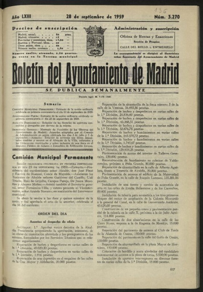 Miniatura de Boletín oficial del Ayuntamiento del 28 de septiembre de 1959, nº 3270