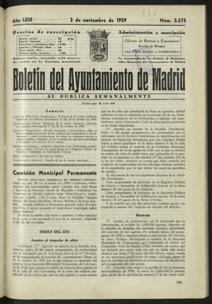 Miniatura de Boletín oficial del Ayuntamiento del 2 de noviembre de 1959, nº 3275