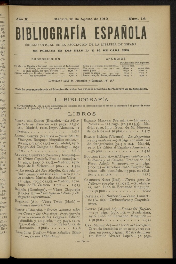 Miniatura de Bibliografía Española del 16 de agosto de 1910