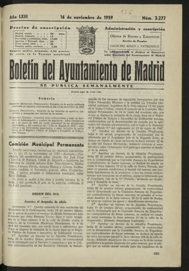 Miniatura de Boletín oficial del Ayuntamiento del 16 de noviembre de 1959, nº 3277