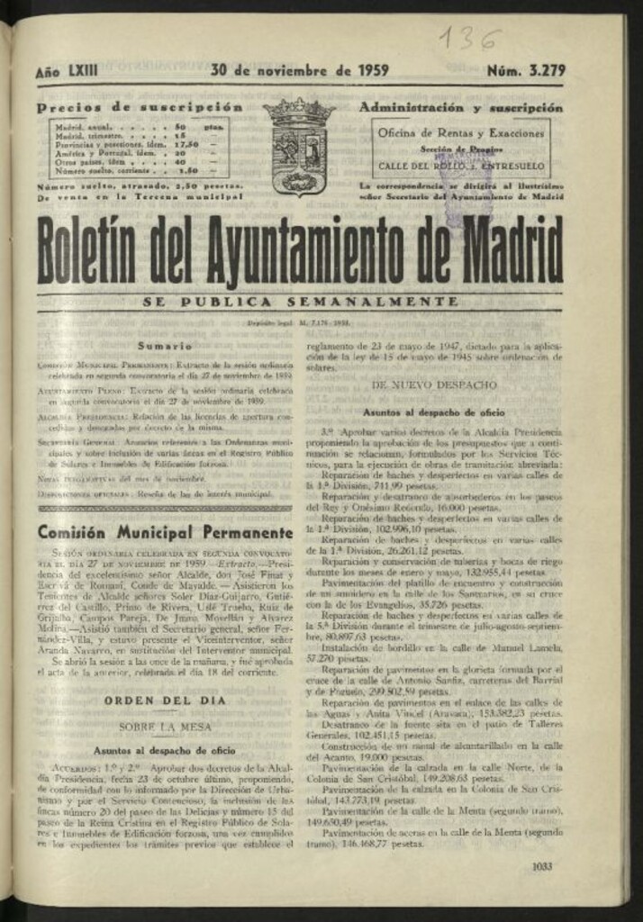 Miniatura de Boletín oficial del Ayuntamiento del 30 de noviembre de 1959, nº 3279