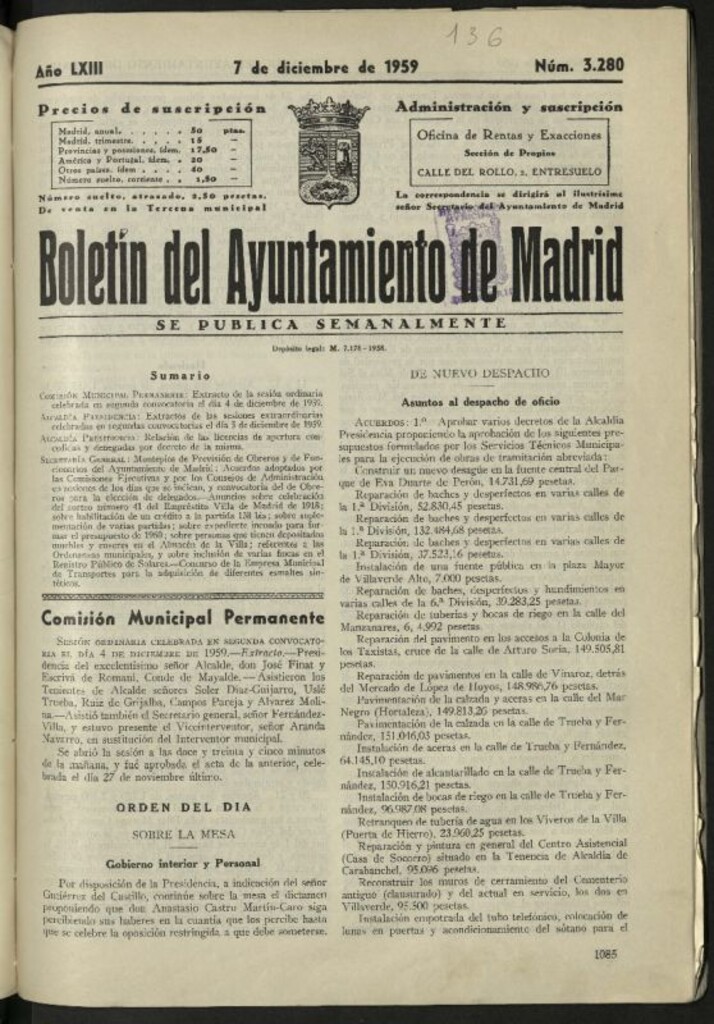 Miniatura de Boletín oficial del Ayuntamiento del 7 de diciembre de 1959, nº 3280