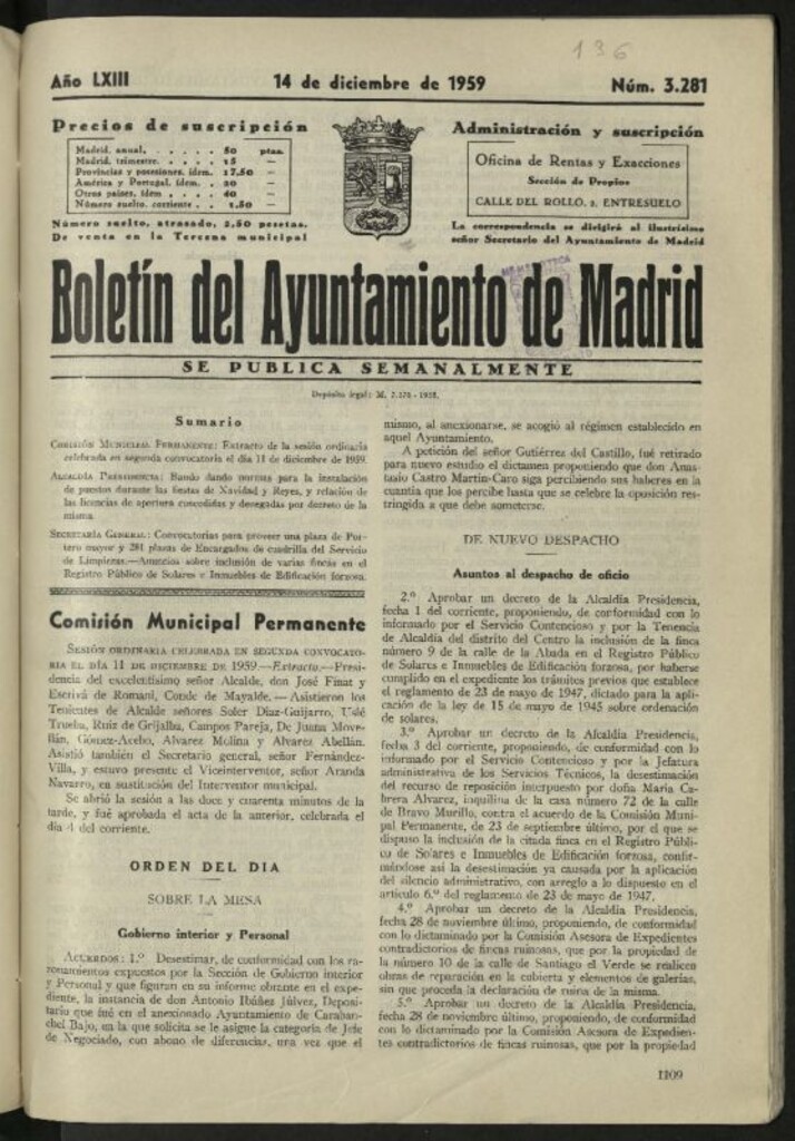 Miniatura de Boletín oficial del Ayuntamiento del 14 de diciembre de 1959, nº 3281