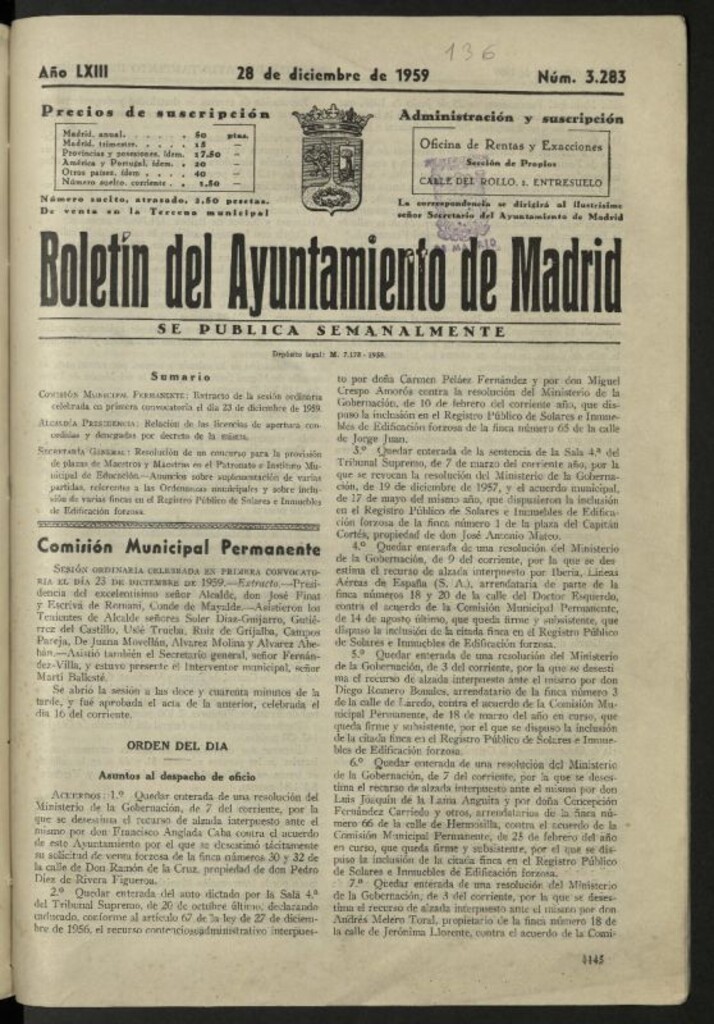 Miniatura de Boletín oficial del Ayuntamiento del 28 de diciembre de 1959, nº 3283