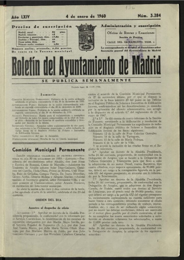 Miniatura de Boletín oficial del Ayuntamiento del 4 de enero de 1960, nº 3284