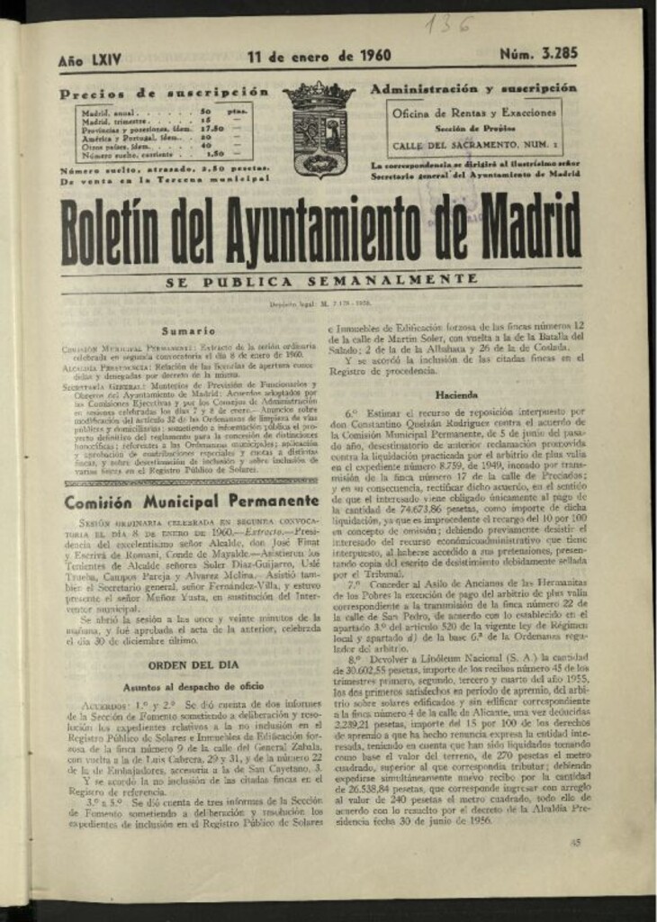 Miniatura de Boletín oficial del Ayuntamiento del 11 de enero de 1960, nº 3285