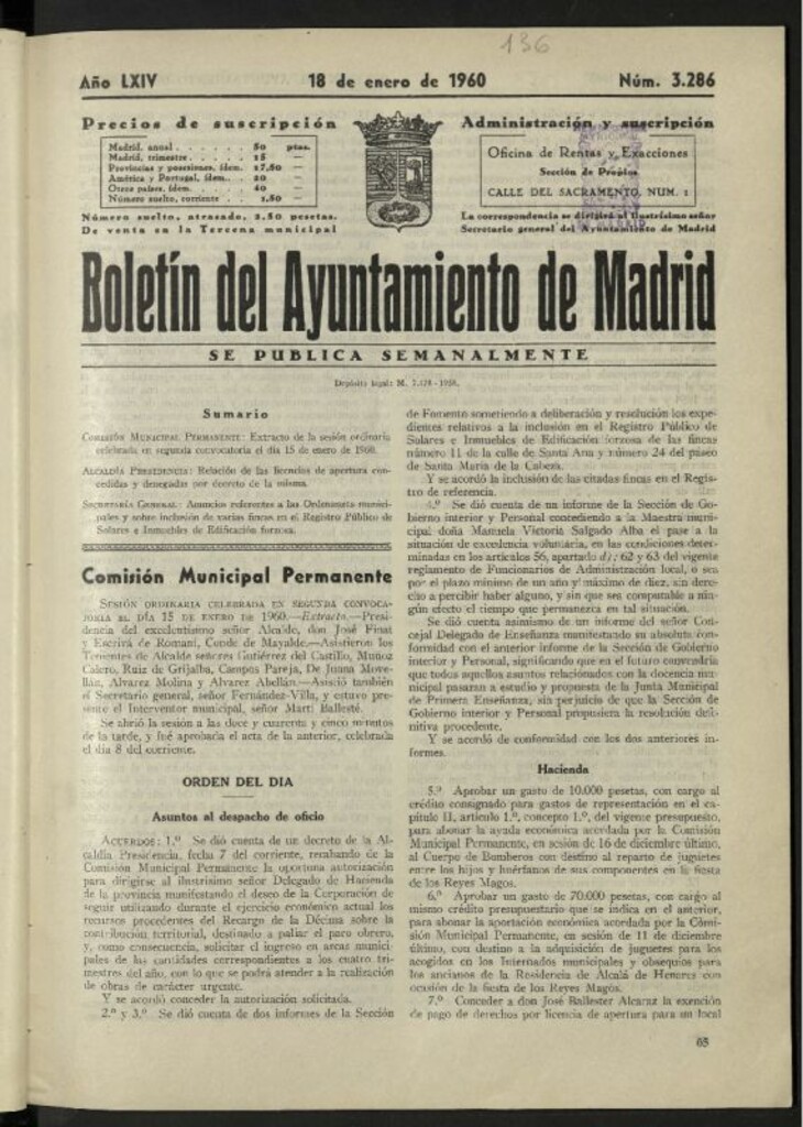 Miniatura de Boletín oficial del Ayuntamiento del 18 de enero de 1960, nº 3286