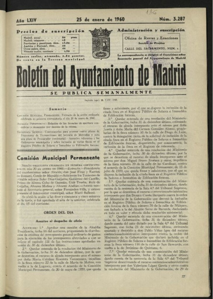 Miniatura de Boletín oficial del Ayuntamiento del 25 de enero de 1960, nº 3287