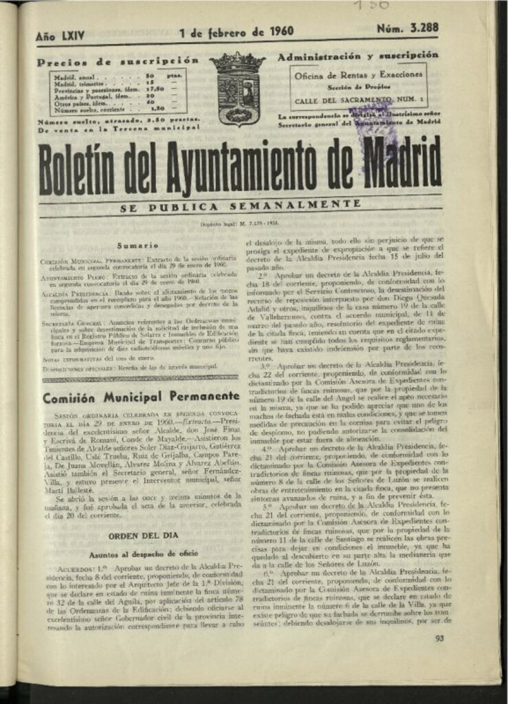 Miniatura de Boletín oficial del Ayuntamiento del 1 de febrero de 1960, nº 3288