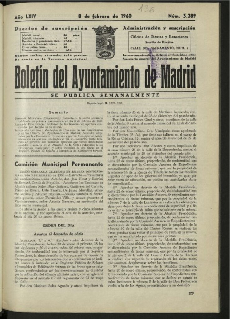 Miniatura de Boletín oficial del Ayuntamiento del 8 de febrero de 1960, nº 3289