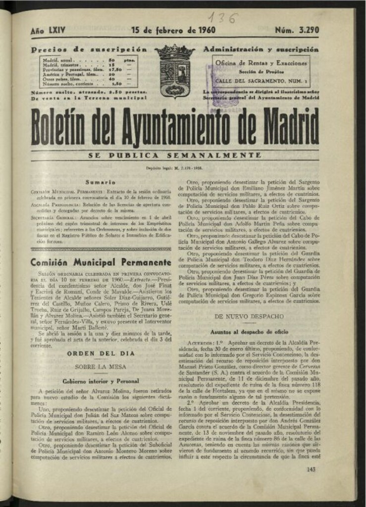 Miniatura de Boletín oficial del Ayuntamiento del 15 de febrero de 1960, nº 3290