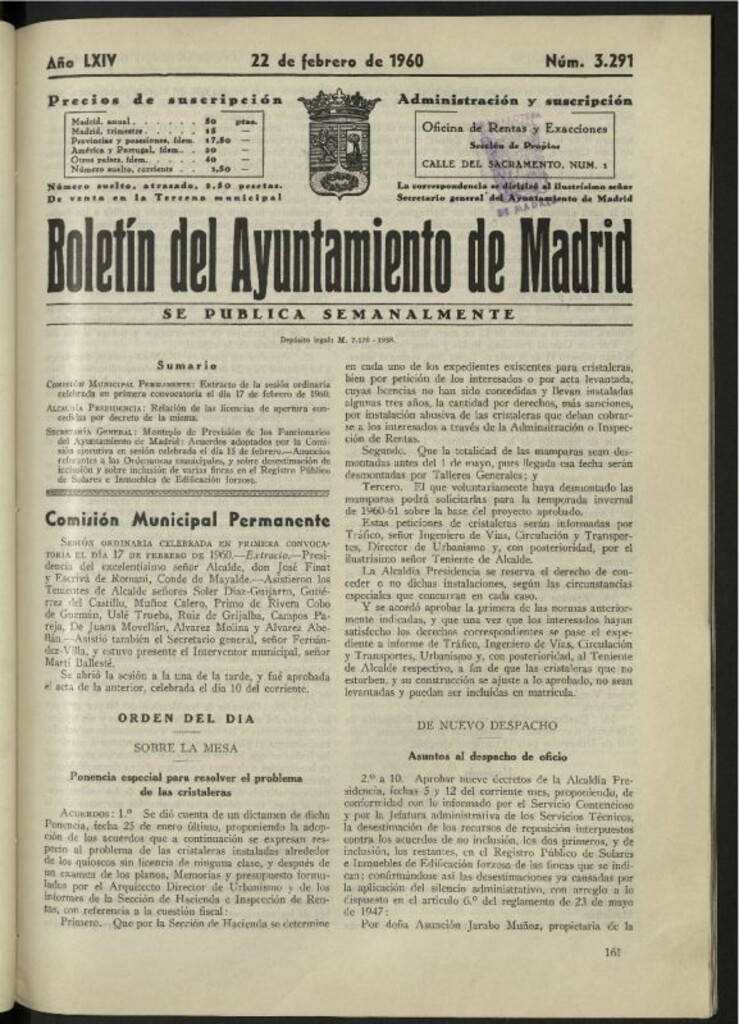 Miniatura de Boletín oficial del Ayuntamiento del 22 de febrero de 1960, nº 3291