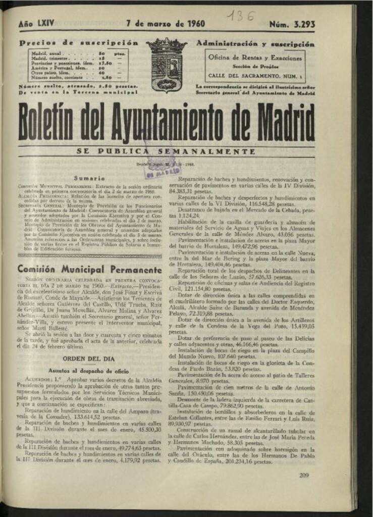 Miniatura de Boletín oficial del Ayuntamiento del 7 de marzo de 1960, nº 3293