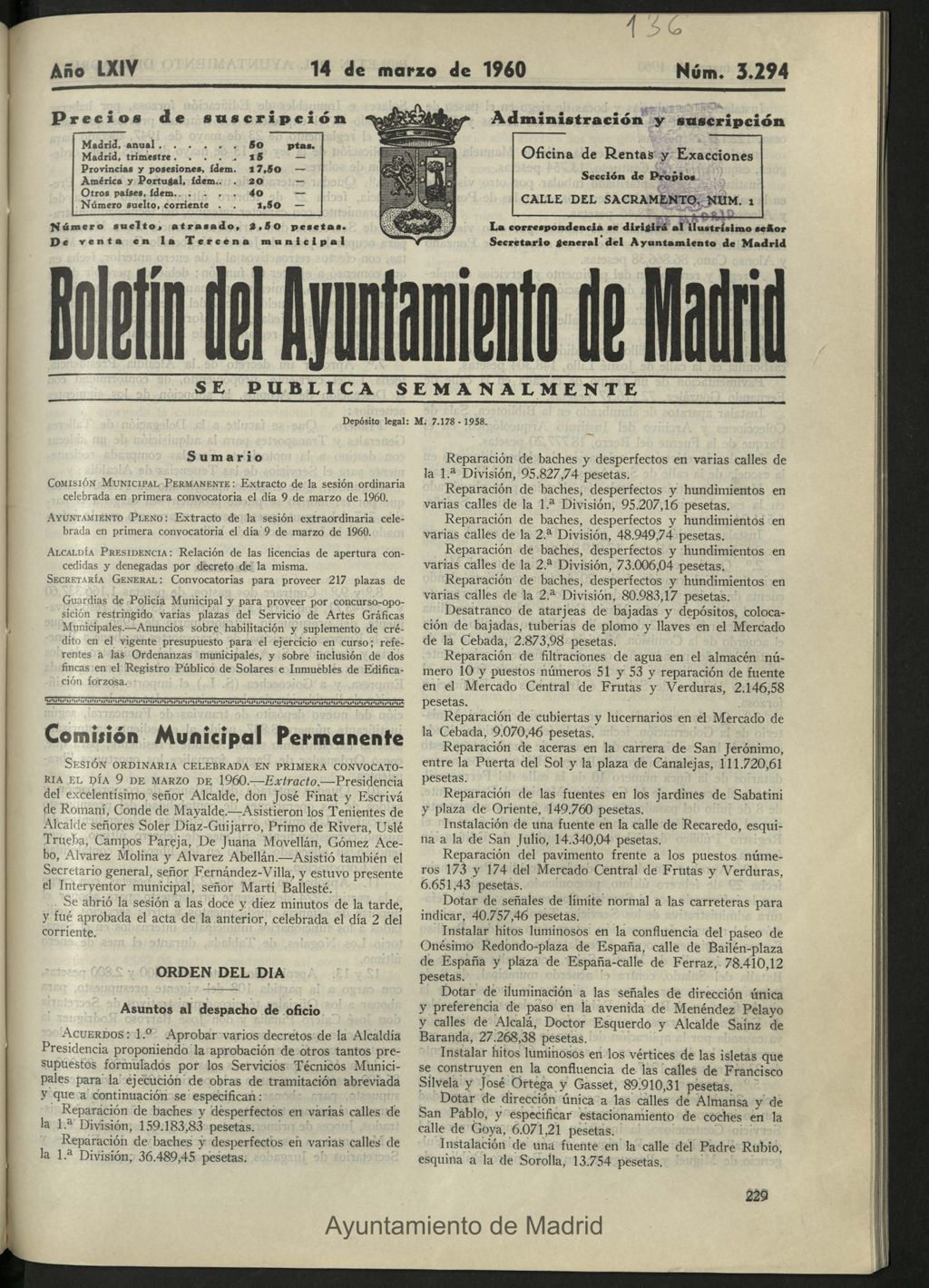 Miniatura de Boletín oficial del Ayuntamiento del 14 de marzo de 1960, nº 3294