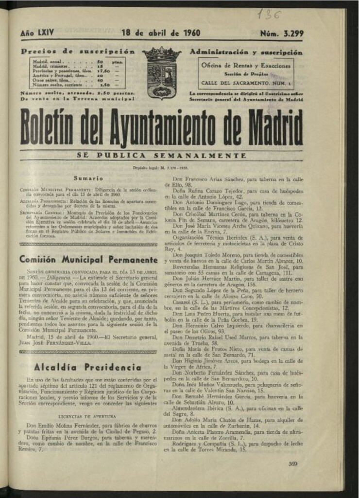 Miniatura de Boletín oficial del Ayuntamiento del 18 de abril de 1960, nº 3299