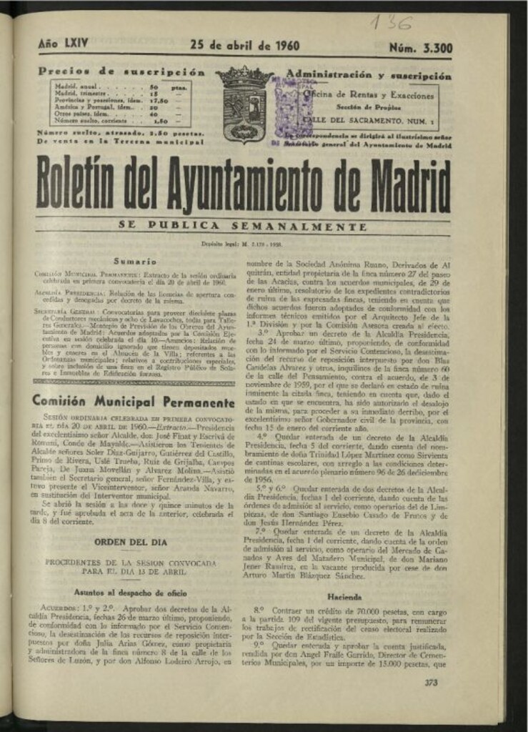 Miniatura de Boletín oficial del Ayuntamiento del 25 de abril de 1960, nº 3300