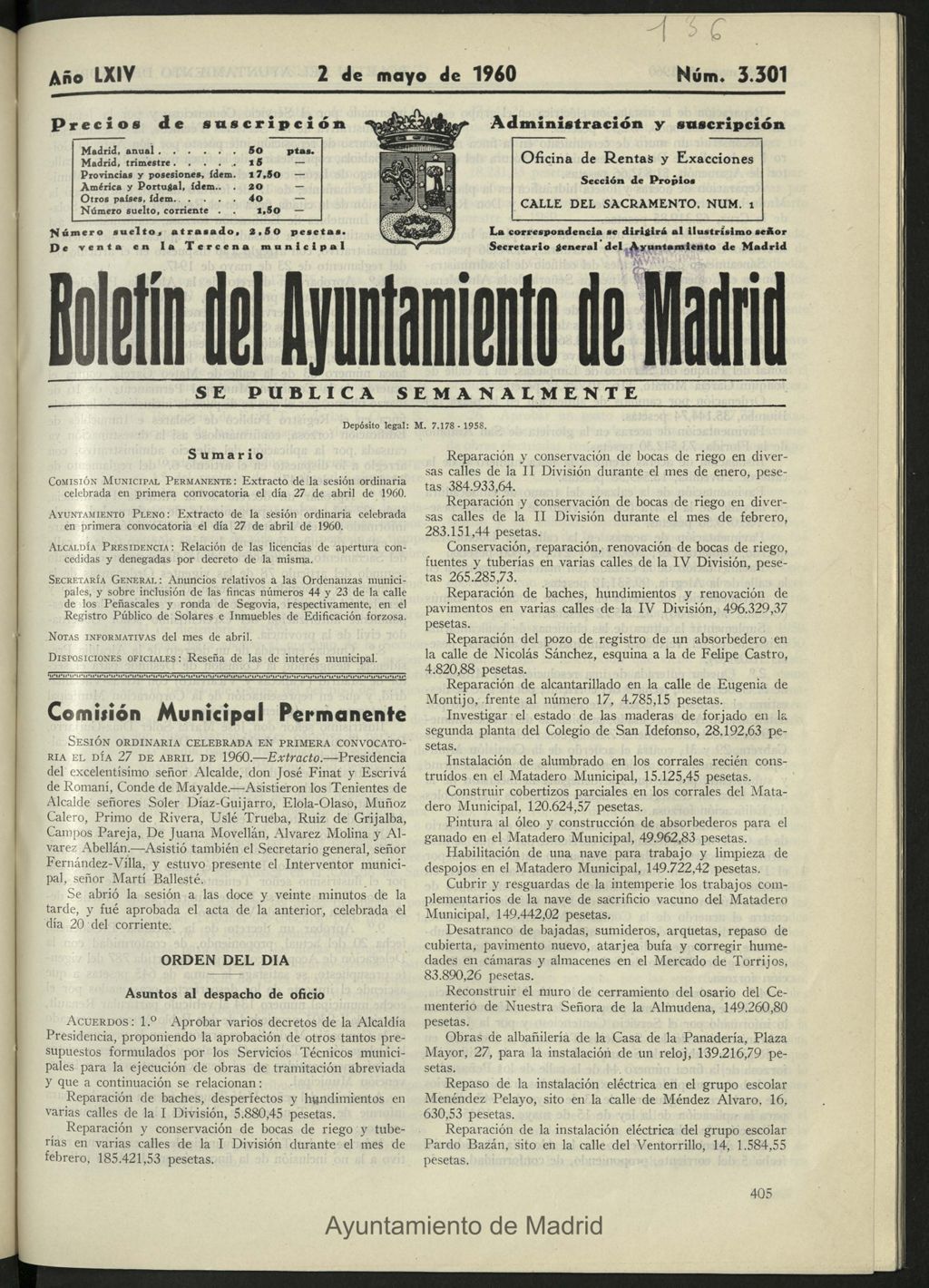 Miniatura de Boletín oficial del Ayuntamiento del 2 de mayo de 1960, nº 3301