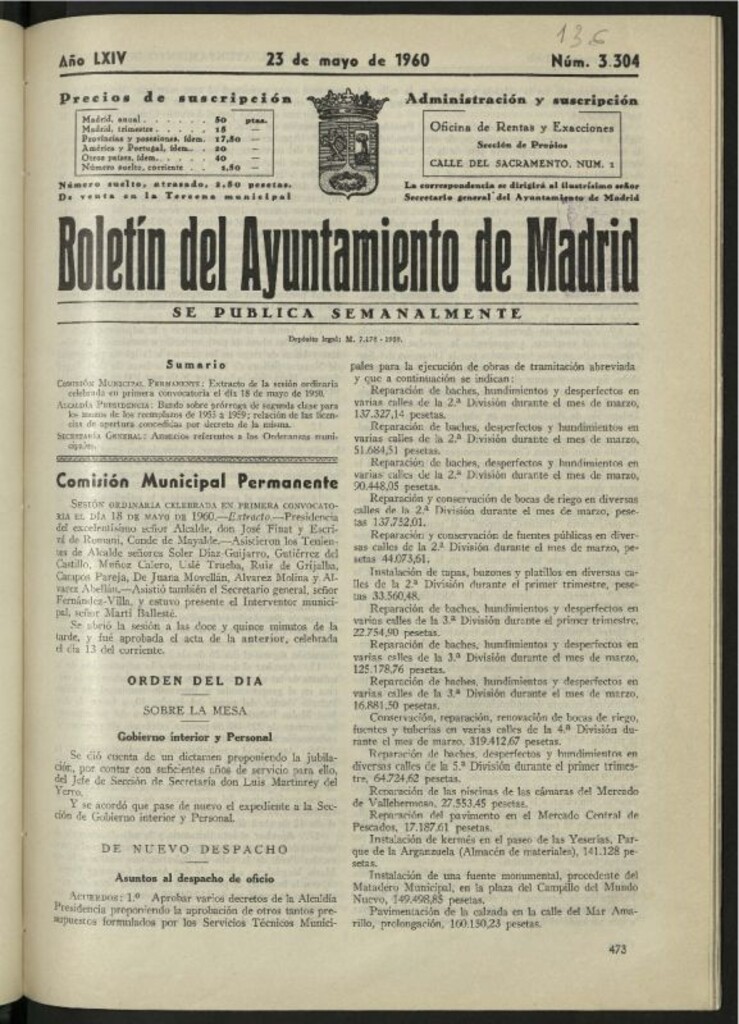 Miniatura de Boletín oficial del Ayuntamiento del 23 de mayo de 1960, nº 3304
