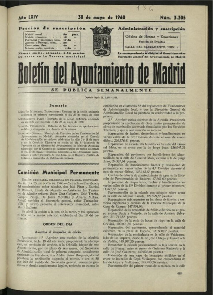 Miniatura de Boletín oficial del Ayuntamiento del 30 de mayo de 1960, nº 3305